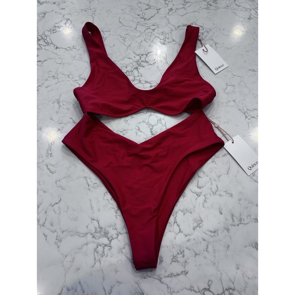 NWT Quince Cherry Red Italian Plunge Bikini Top & High Leg Bottoms Size Large